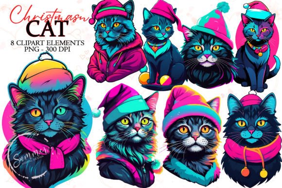 Christmas 90s Fashion Neon Cat Stickers for Brand Illustrations