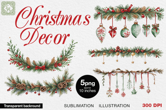 Christmas Spruce Decor 5 Watercolor PNG for Brand Illustrations