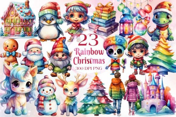 Cute Rainbow Christmas Clipart Bundle for Modern Illustrations