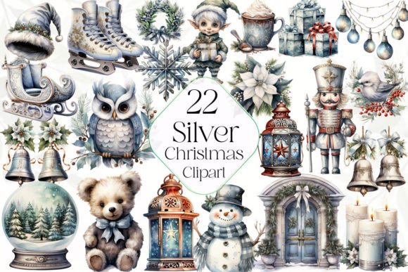 Cute Silver Christmas Watercolor Clipart for Illustrations