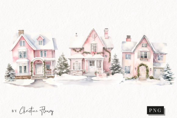 Watercolor Pink Christmas Houses Clipart for Illustrations